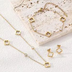 Lucky Clover Trendy Jewelry Set Titanium Steel 18k Gold Plated Hollow Necklace Bracelet Ear Studs Tarnish Free for Woman