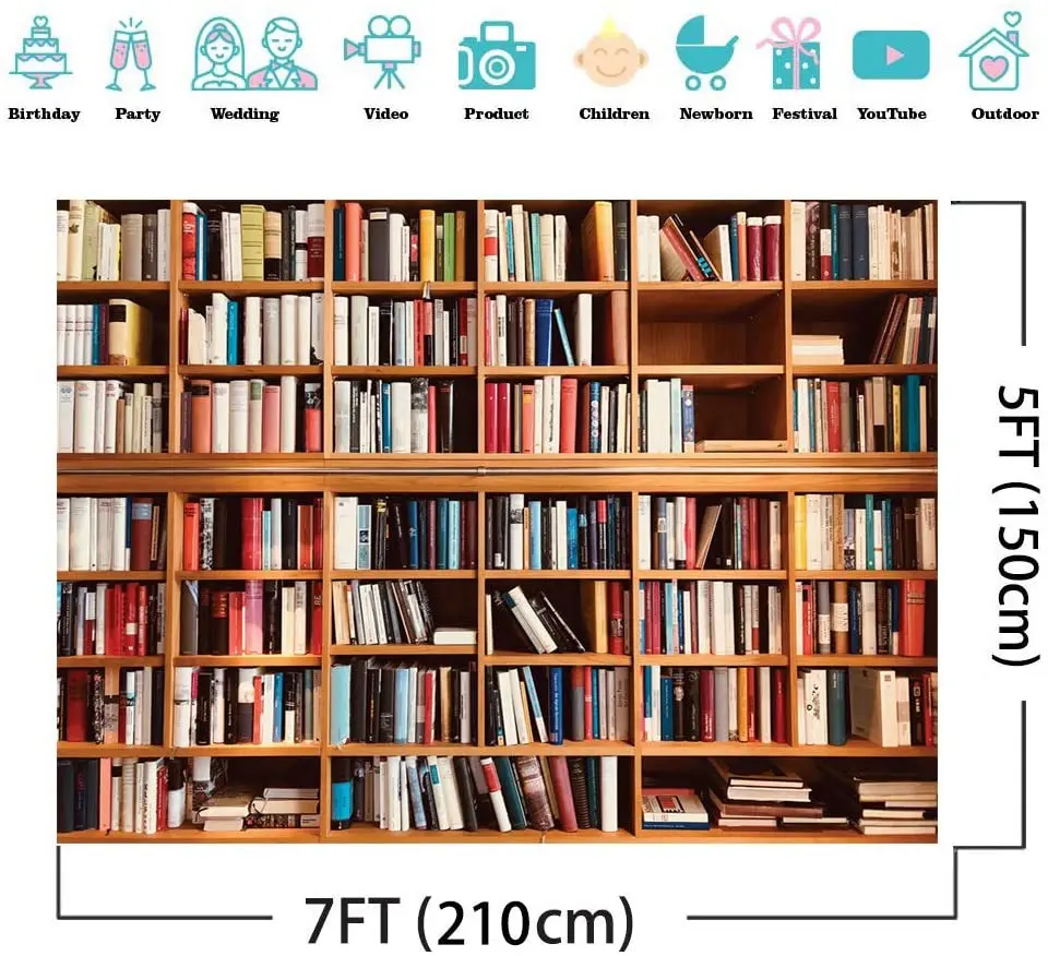 7x5FT Bookcase Photography Backdrop School Library Study Bookshelf Scene Children Photography Backgrounds Customized