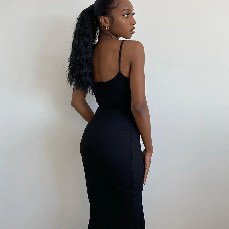 2022  Kardashian Same Style Slim Bodycon Dresses Knitted Blank Solid Buttock Sling Lounge Long Elegant Women Casual Dress