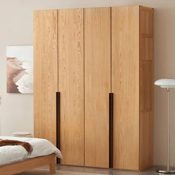 Simple Nordic Style Solid Oak Wooden Furniture With 4 Doors Modern Bedroom Wardrobes