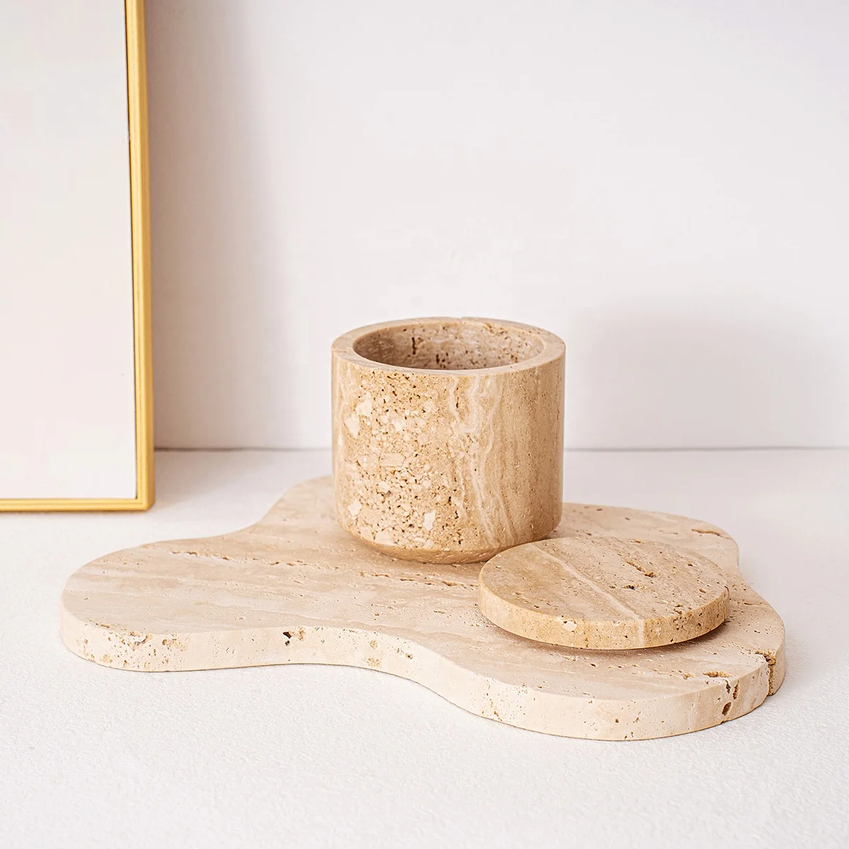 Custom Cylindrical Travertine Bakhoor Box Empty Oud Incense Cans Stone Cup with Lid Table Decor Travertine Canister