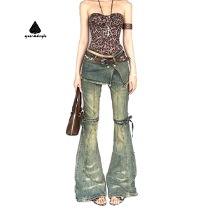 Custom Hot Retro Jeans with High Elasticity and Low Waist Washed Distressed Flared Slim Fake-Two-piece Flared Denim Pants