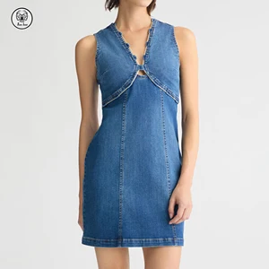 Women's Vintage-Inspired Denim Summer Mini Dress - Sleeveless Casual Bejeweled Chain Detail