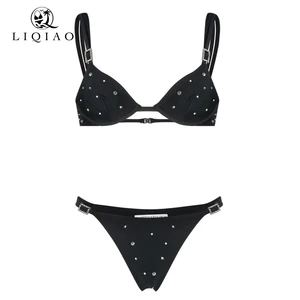2026 New Women's Black Rhinestone-Embellished Bikini Set - Adjustable Strap Push-Up Swimwear with Crystal Accents