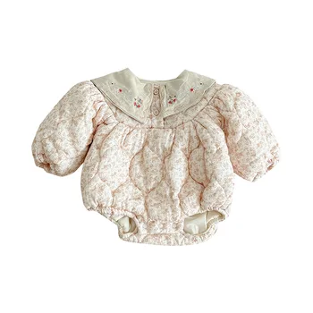 infants double-layer yarn flower lapel cotton-padded warm-keeping romper baby girl fashion outwear