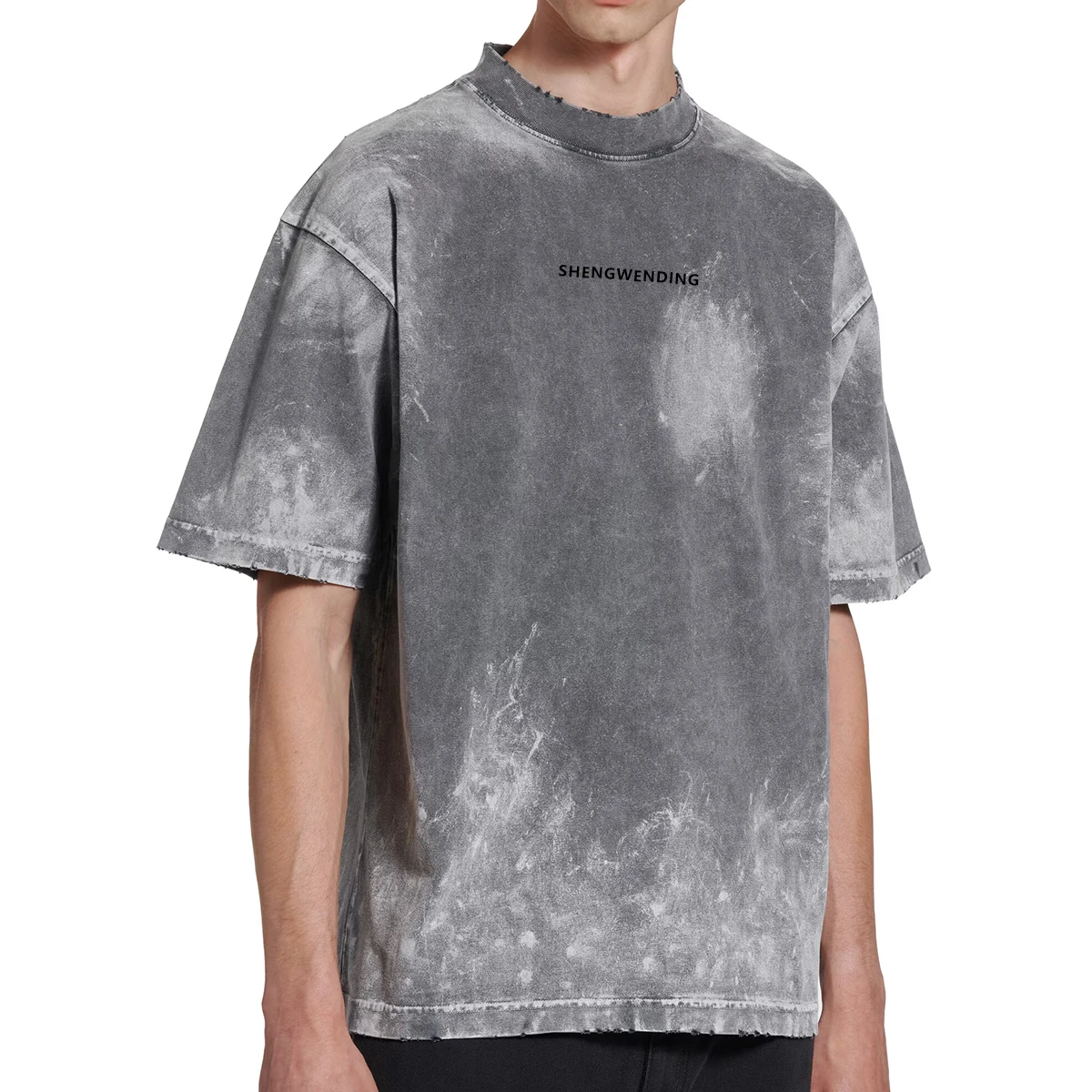 Camiseta para hombre con cuello acanalado, de talla grande, personalizada, de algodón grueso, camiseta vintage de lujo con hombro caído, lavado ácido, camiseta básica para hombre