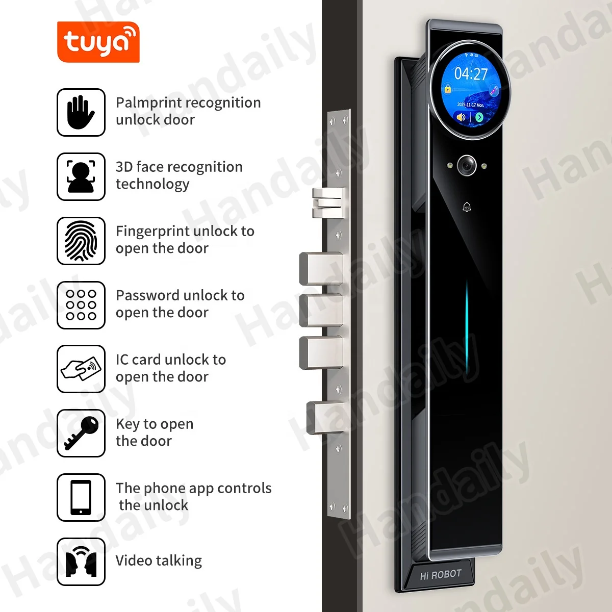 HanDaily Neue KI-Smartlocks Handvenen-Video-Türsprechanlage Tuya App Fernbedienung Schlüsselloser Zugang Gesichtserkennung Biometrisches digitales Türschloss V60