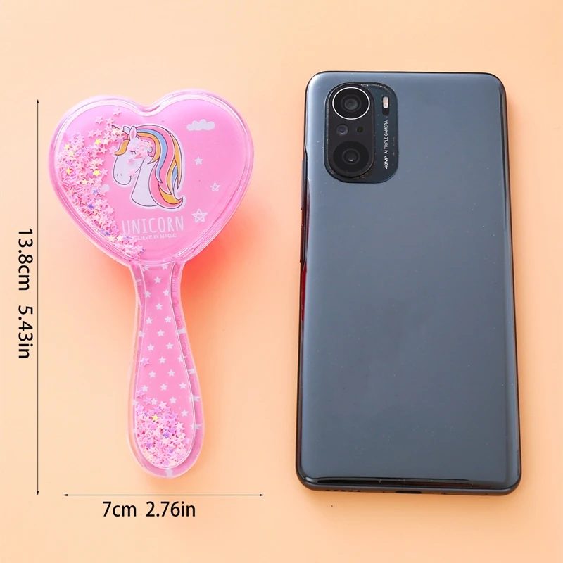 Hot Selling Compact Heart Shape Transparent Blue Unicorn Pattern Hairbrush Cute Cartoon Pink Mermaid Pattern Hairbrush for Girls