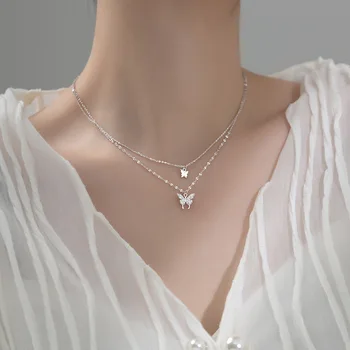 New Design INS S925 Sterling Silver CZ Pave Butterfly Pendant Charm Double Layer Choker Necklace Lady
