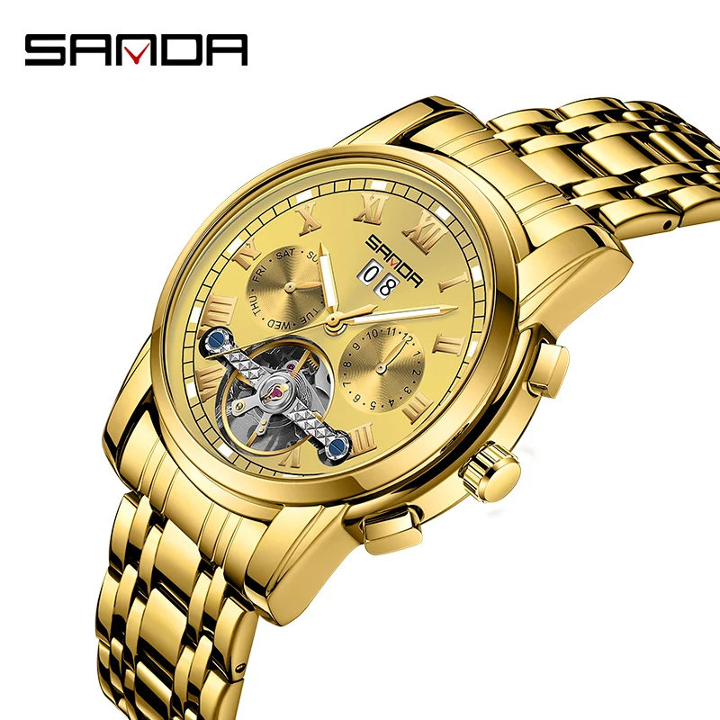 SANDA 7006 Elegant Custom Brand Man Mechanical Watch Stylish Stainless Steel Band Waterproof Date Display Character Business Wri