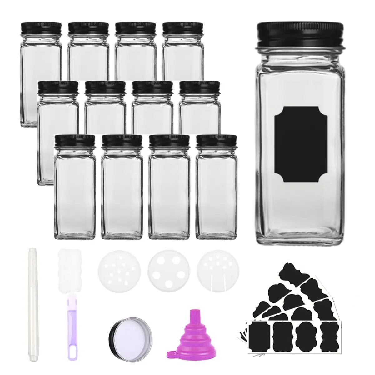 48 Pack 4 oz 120 ml Clear Glass Spice & Salts Jars Bottles, Square Glass Seasoning  Jars With Aluminum Silver Metal Caps and Pour/Sift Shaker Lid. 1 Pen,80  Black Labels and 1