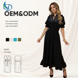 Wholesale Manufacturer's Elegant Women's A-line Pleated Dress with Black Velvet Short Sleeved Floral Decoration Dress