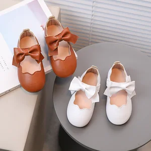 Wholesale PU Leather  Rubber Sole Flat White Leather Bow Girls' Soft Comfortable Princess Single Dress Shoes