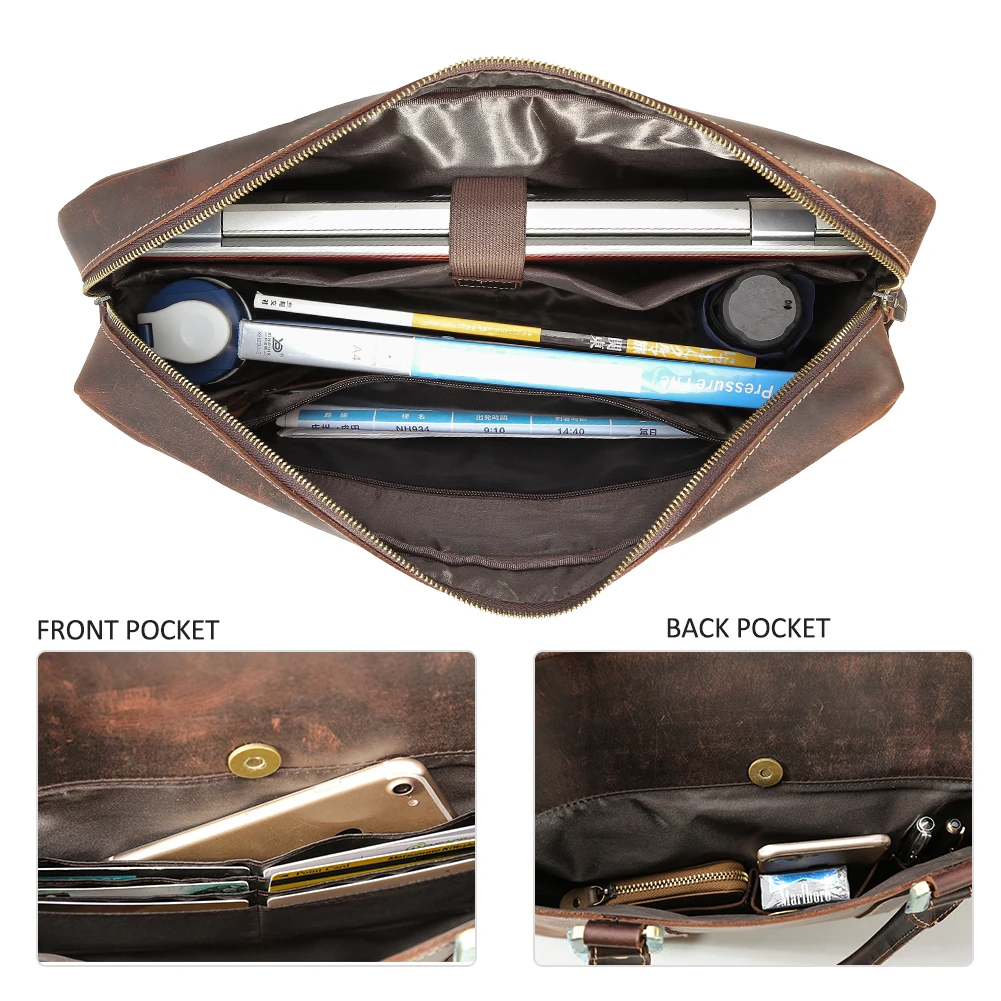 Materials Customization Vintage Crazy Horse Leather Men Briefcase Bag Retro Real Cow Leather 17 Inch Laptop Briefcase