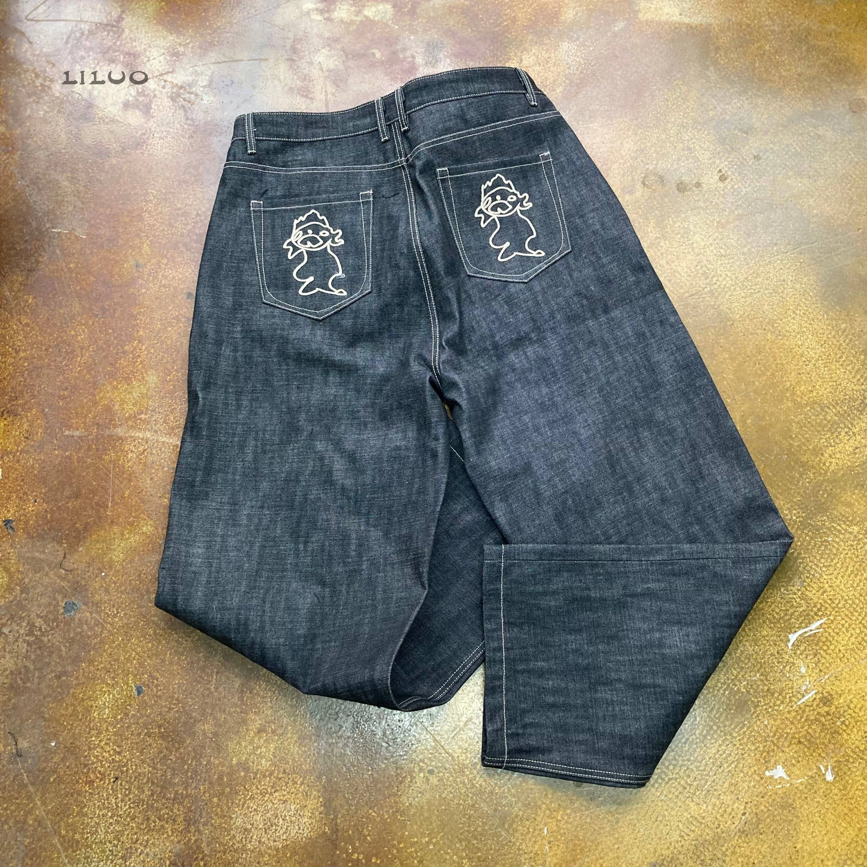 Vintage Selvedge Raw Denim Pants Men Indigo Dark Blue Baggy Jeans