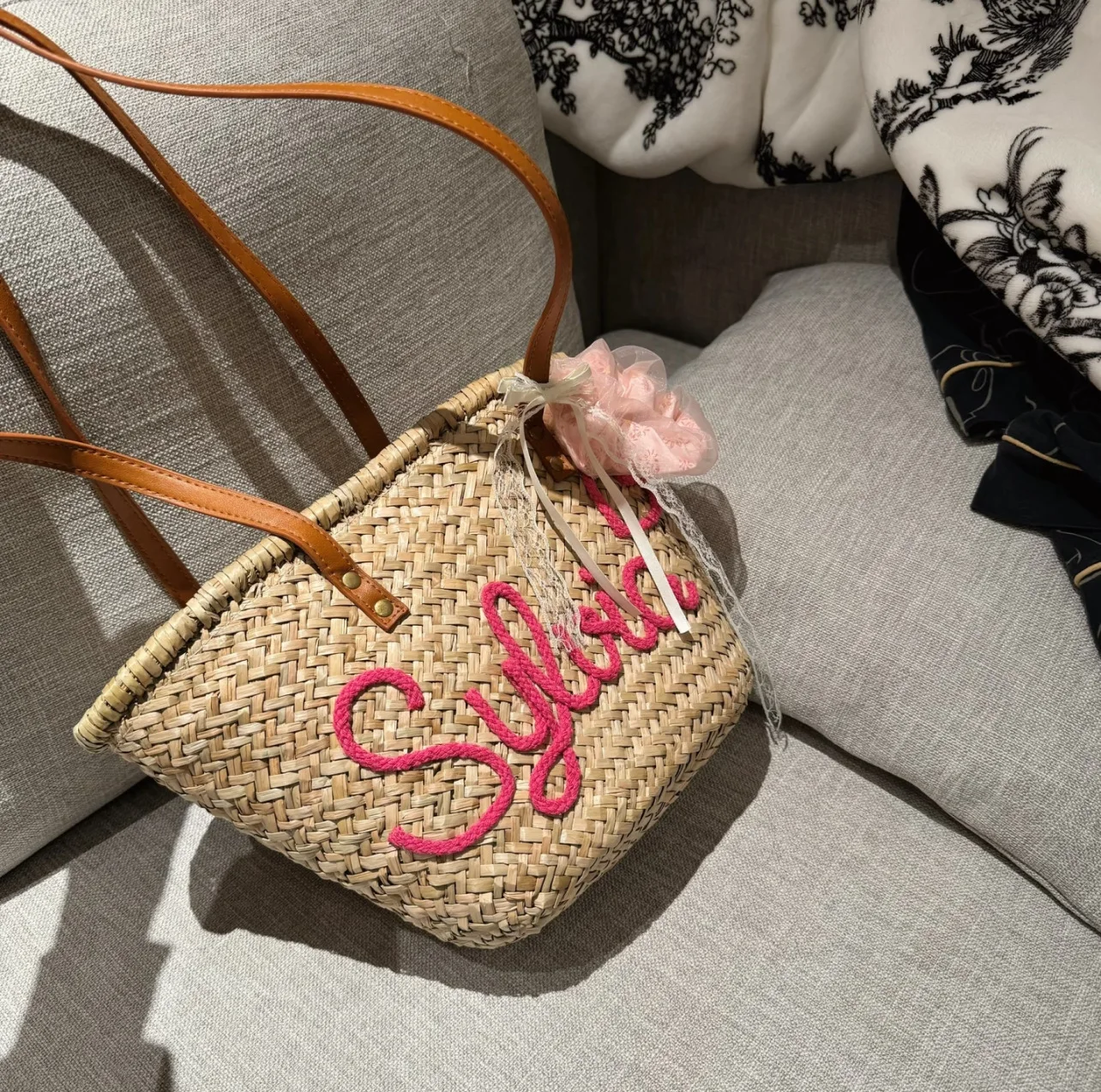 Set Letter Straw Bag Sweet Flower Seaside Vacation Water Grass Woven Single Shoulder Large Capacity Tote Beach Linen Summer 2025