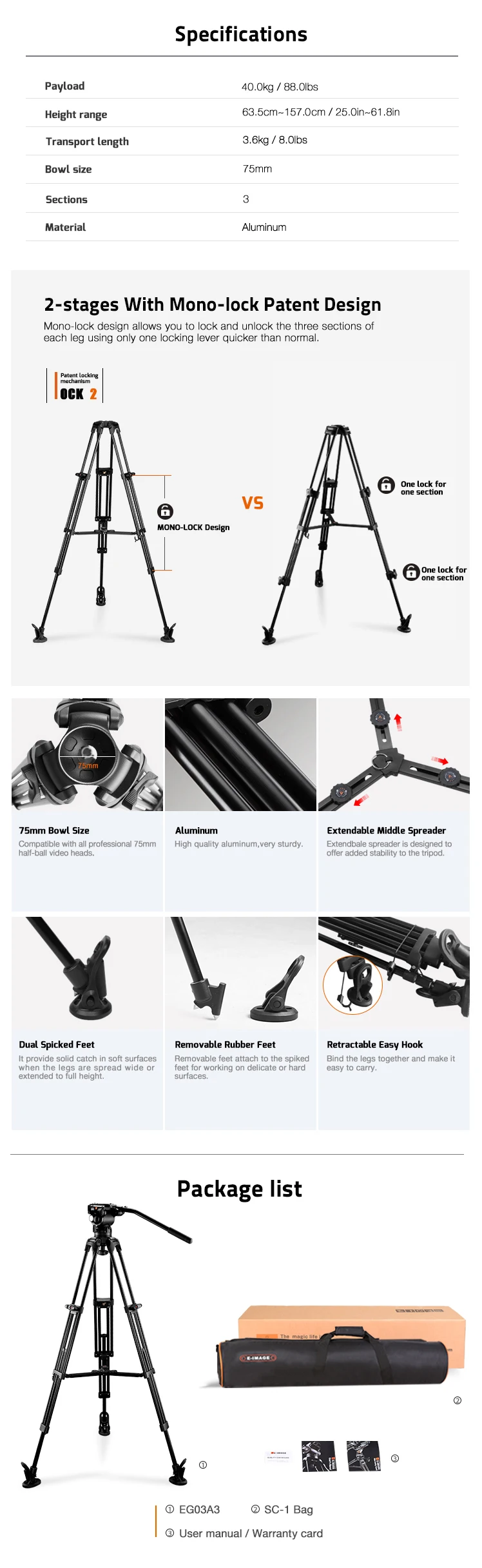 E-IMAGE EG03A3 Aluminum Tripod GH03F Flat Head & 75BF Ball To Flat Adapter|  Alibaba.com