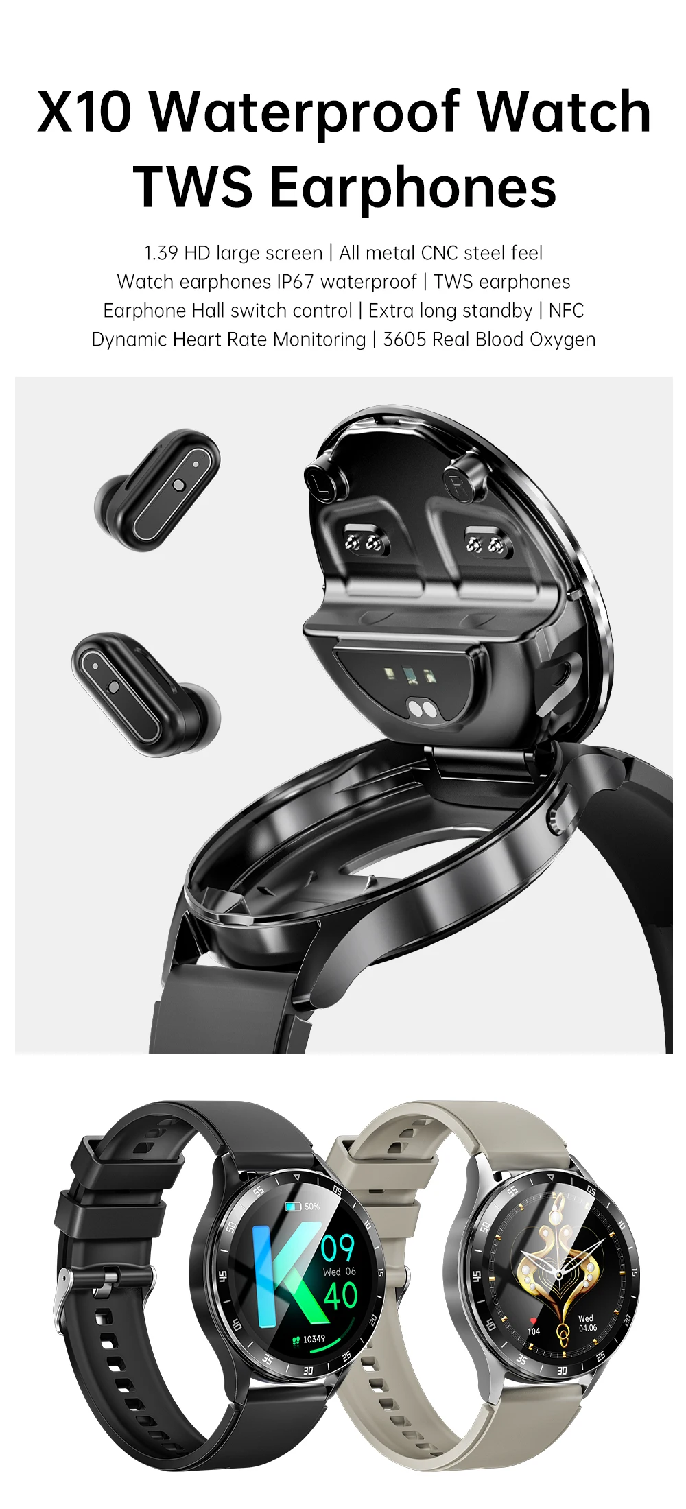 High-End 1.39 Inch X10 TWS Earphone Smart Watch IP67 250+30mAh 2 in 1 NFC BT Call Round Smart Watch with Built-in Earbuds