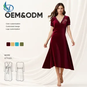 Newly Designed Women's Velvet Dress with Floor Length and Women's Printed Short Sleeved Dress, Suitable for Parties