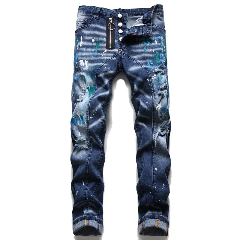 Factory Wholesale Homme Gentleman Tapered Art Graffiti Men Jeans Skinny Splash Ink Pantalon Jeans Men