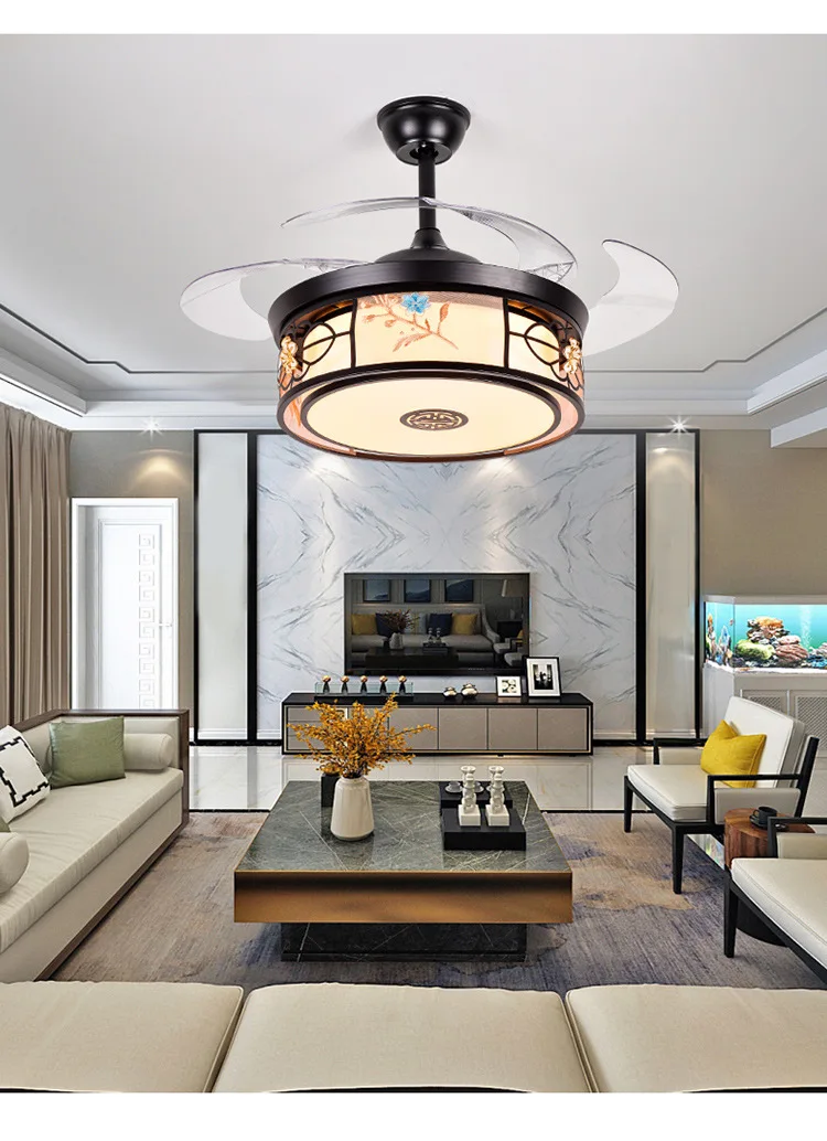 42" Black Metal Invisible Ceiling Fan Light with Remote Control 3 Color Changes 60W LED Chandelier Fan Lamp