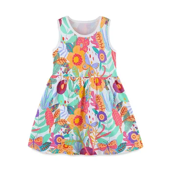 Knitted Cotton Children's Skirt 2024 Summer Girls Baby Dresses Vest Round Neck Cartoon Print Baby Princess Dress