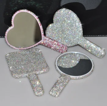 Bling Diamond Rhinestone Makeup Mirror Heart Luxury Shiny Diamond Cosmetic Mirror Princess Handheld Mirror