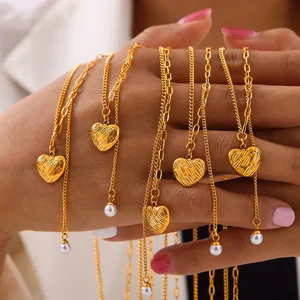 Ilona Fashion Gold Plated Jewelry Necklace  Carved Texture Design Heart Charm Pendant Tassel Stainless Steel Necklaces for Women