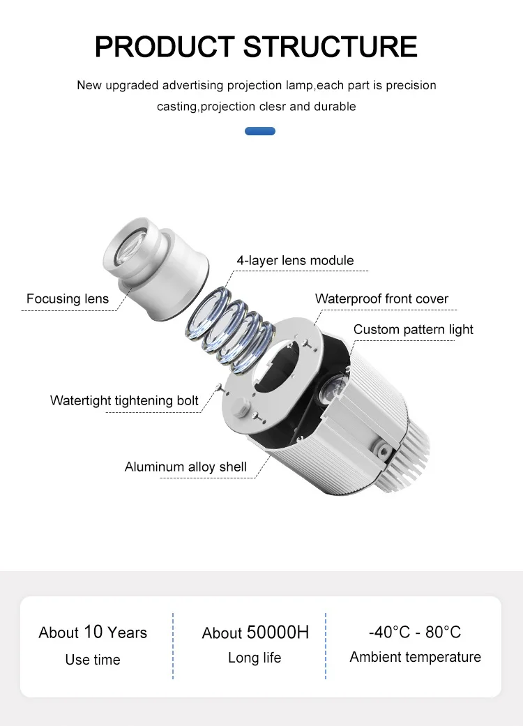 Custom 80W LED Light Logo Projector Waterproof Aluminum Door Head Gobo Projector for Outdoor Advertising IP65/67 Rated