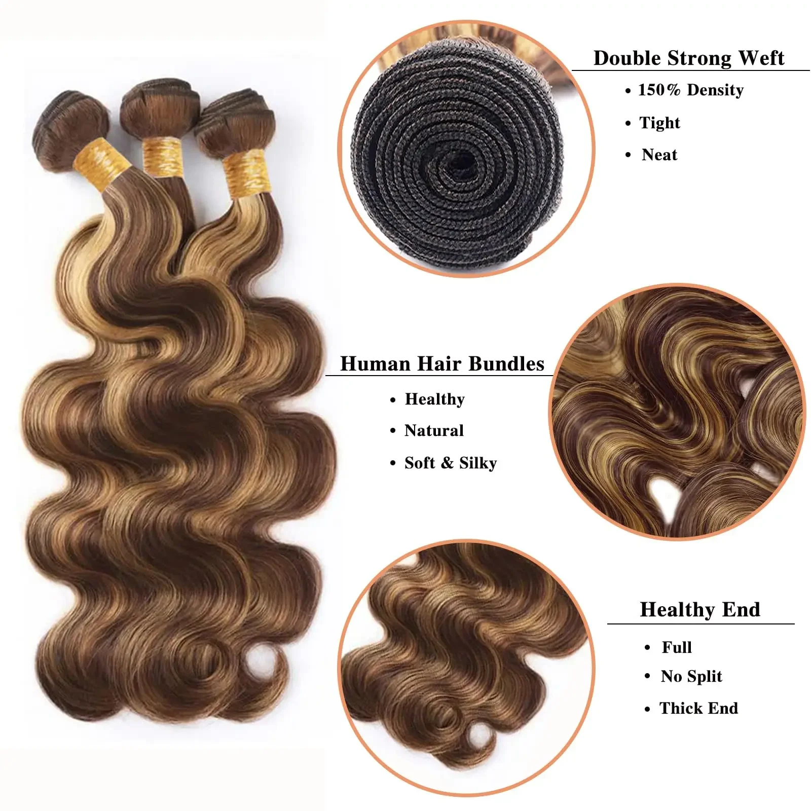 P4/27 Body Wave Bundles 100% Human Hair Brown Ombre Extensions Women_voghion.com
