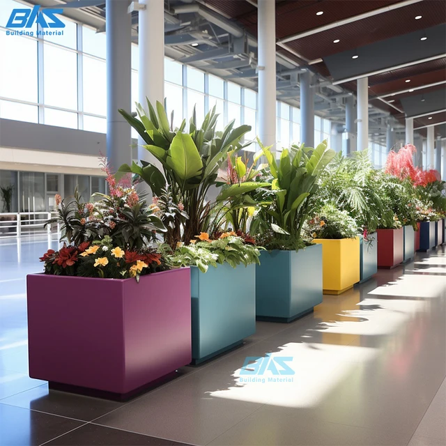 Custom Powder Coated Rectangular Large Outdoor Gray Metal Garden Vase Outdoor Aluminum Planter Pots Airport Train Station Cafe