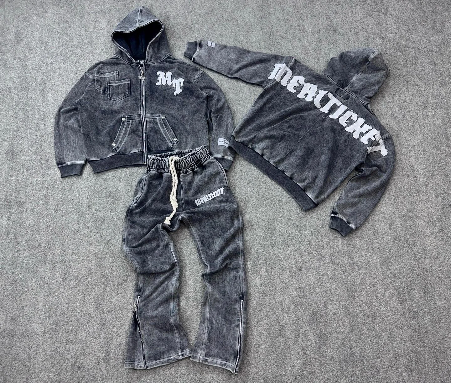 Salati OEM Custom Vintage Acid Wash Hoodie and Sweatpants Set Men's Streetwear Embroidered Patched Hoodie Set for Men