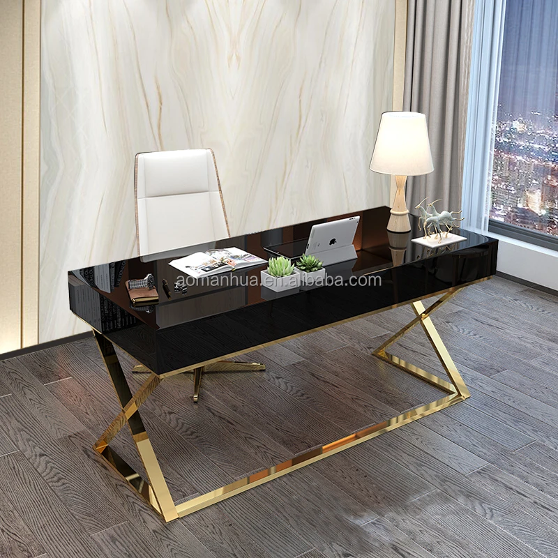 Nordic Glossy Reading Table Bedroom Computer Desk Stainless Steel Legs Home Furniture