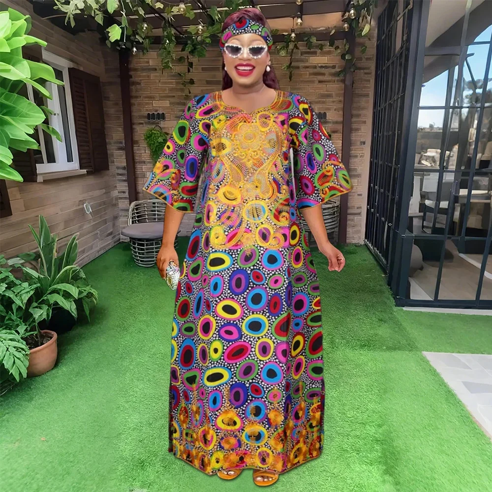 African New Fashion Best Fabric Floral Boubou Dress Set Premium Wax  Material Dresses Suit With Matching Scarf for Women K0715