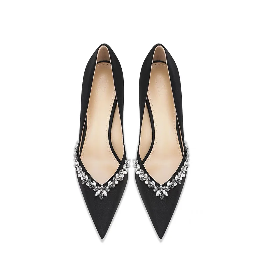 Elegant High Heels Black Dress Shoes Ladies Rhinestone Stiletto Heels Satin Bridal Shoes Women High Heels Pumps - Image 1