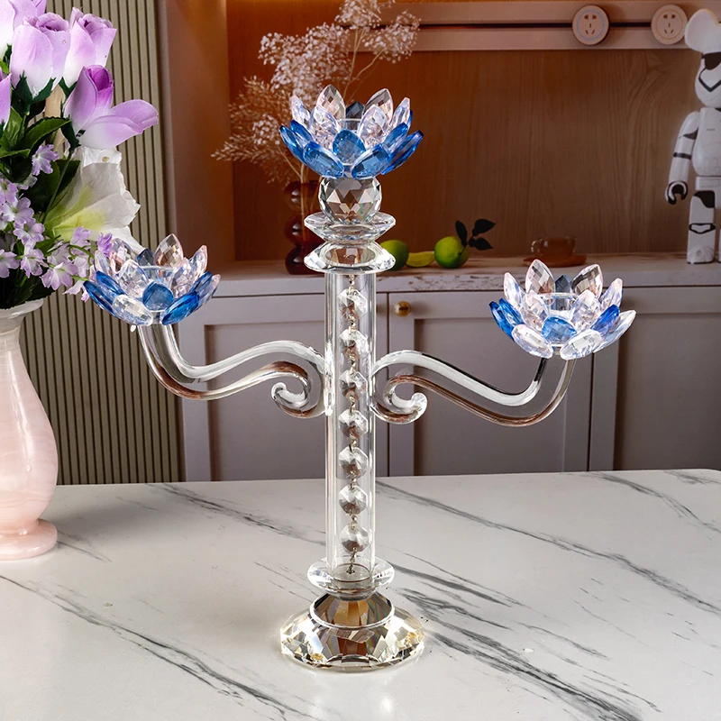 Glass Long Handle High-end Lotus Home Decoration Three Arm Glass Wedding Center Crystal Candlestick