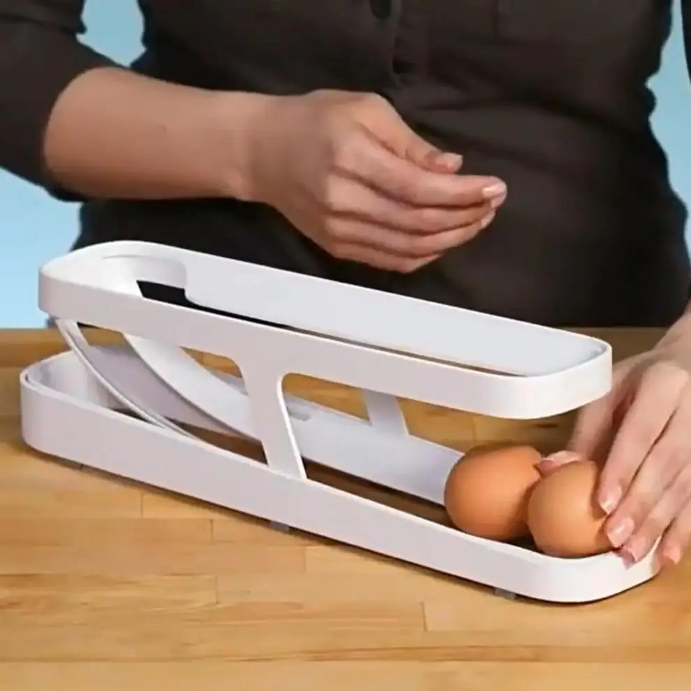 Plastic White Fridge Large Capacity Auto Rolling Egg Dispenser Organizers Rolldown Fridge Egg Holder for Refrigerator