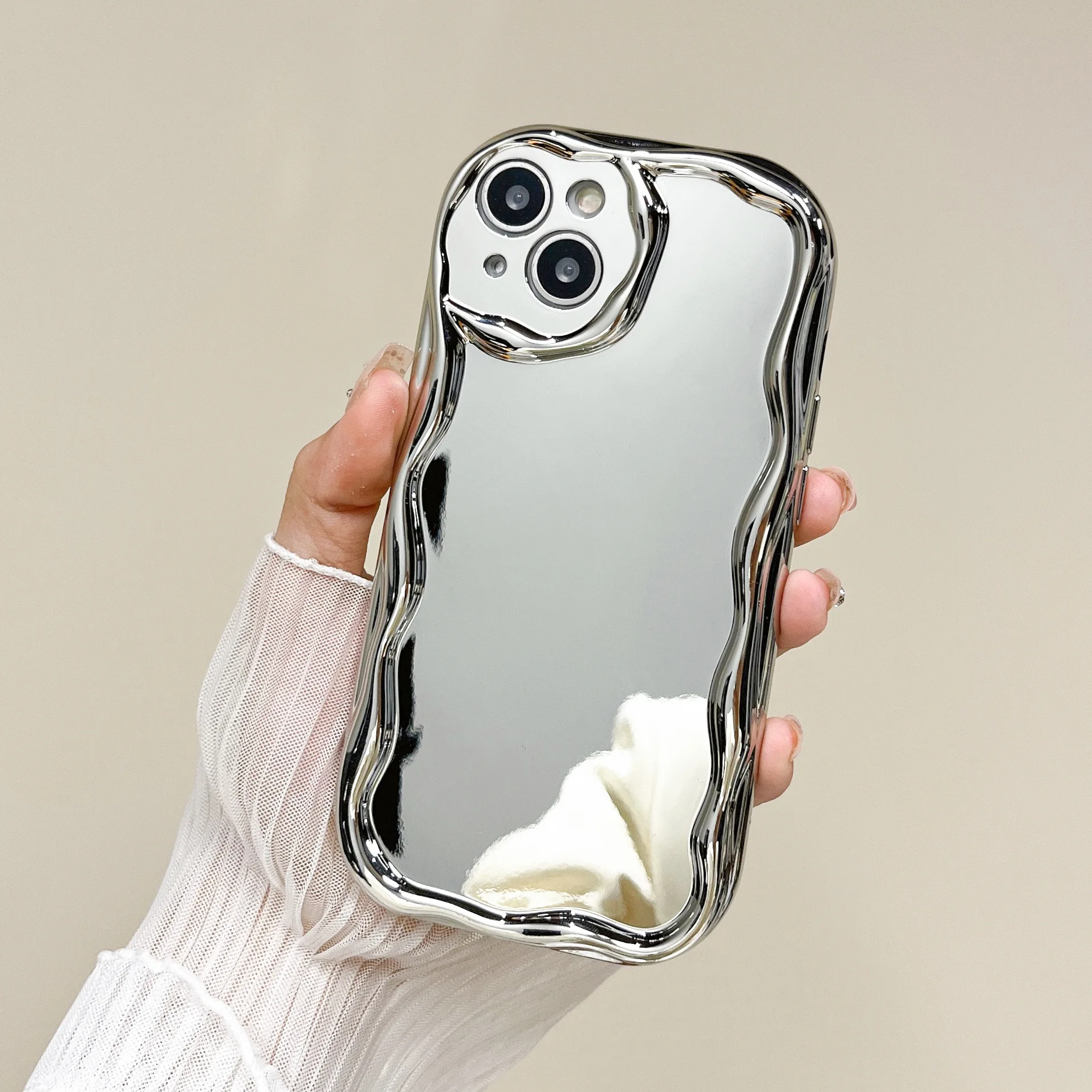 3D Curly Wave Silver Mirror Case for iphone 16 15 14 11 12 13 Pro Max Mini  X XR XS Max Plus Glossy Plating Shockproof Cover