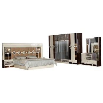 King bedroom set elegant Luxurious style gold mirror LED lighting bedroom furniture is cheap