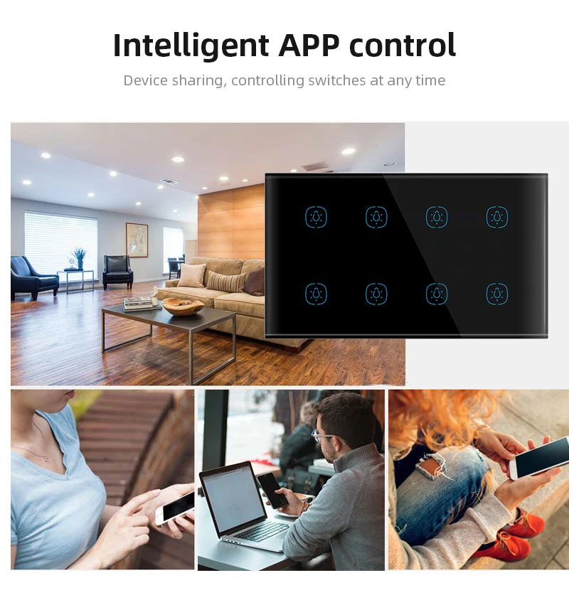 8Gang Intelligent Touch Switch WiFi Supports Alexa, Google Assistant, Tuya APP to Control Light Switch UK Standard