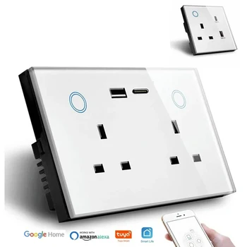 WIFI Smart Tuya USB Type C Wall Socket UK Plug Outlet 13A Power Touch Switch Wireless Energy Monitoring by Alexa Google Home