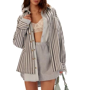 Women's Classic Striped Shirt Streetwear Dropped Long Sleeve Loose Fit Eco-Friendly Anti-Wrinkle 100% Cotton Top