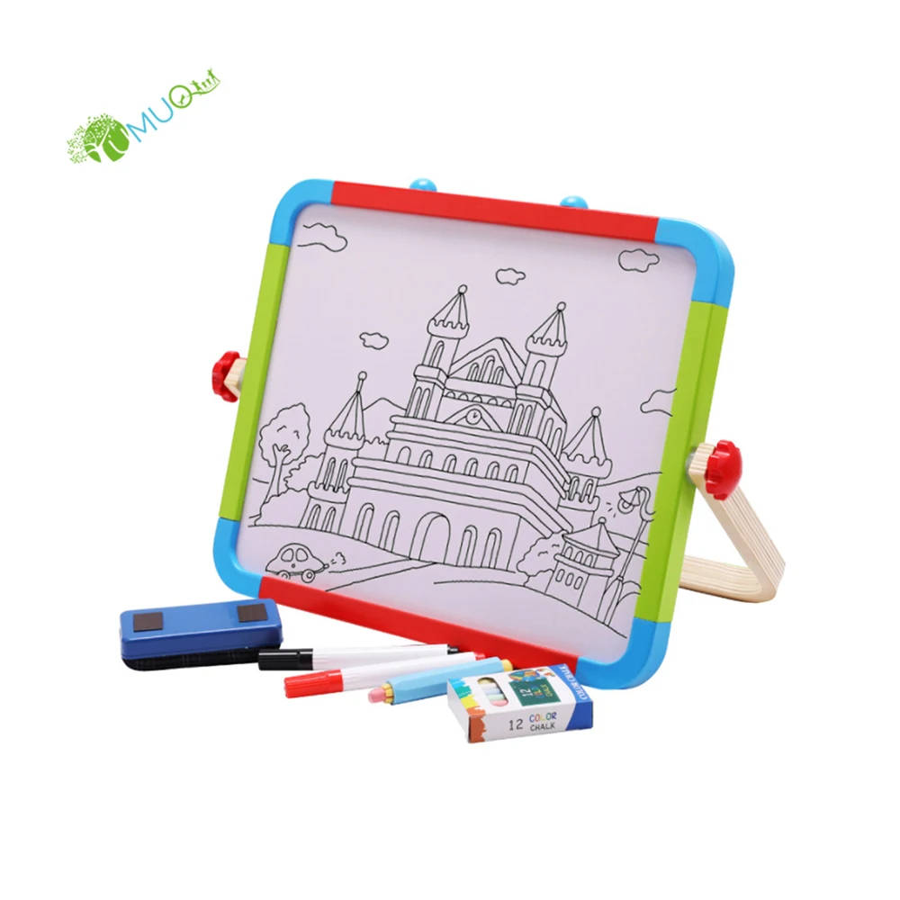 YumuQ Montessori Double-sided Magnetic Wooden Art Easel, Portable Drawing and Painting Wood Board Set for Toddlers