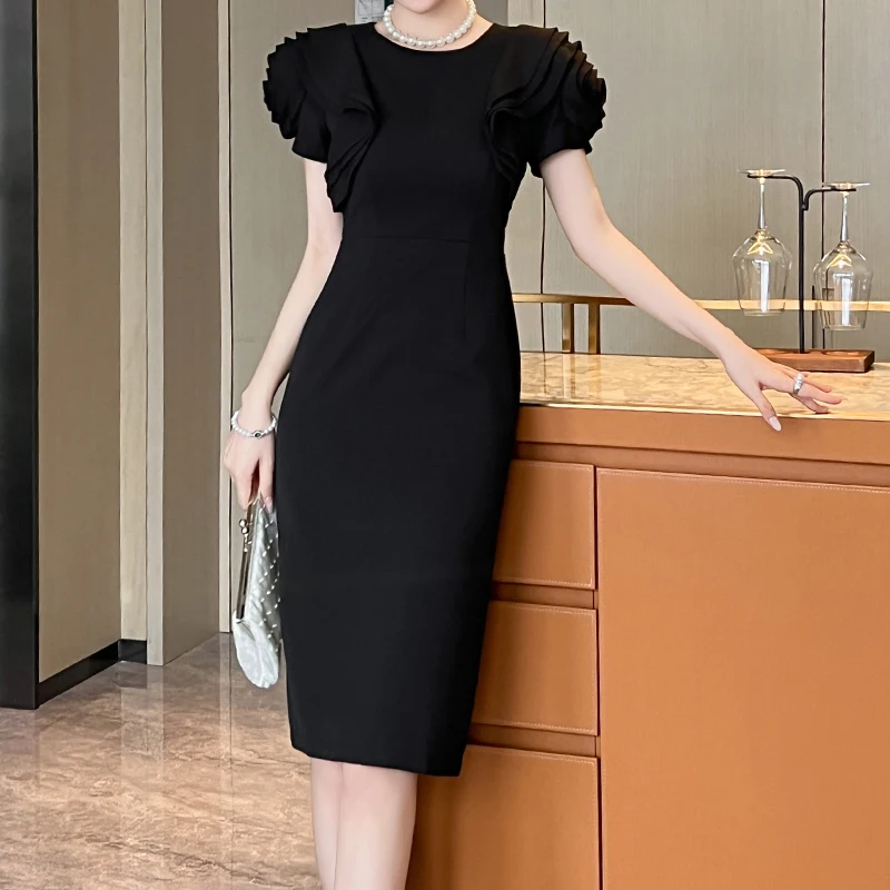 ZYHT 9830 Elegant Women's Pencil Knee Length Party Dress New Solid Color Ruffle Short Sleeves Neck Slim Natural Waistline Dress