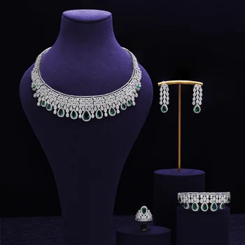 Luxury Emerald Water Drop Neckpiece Earring Set High-End Gold Quartz Cross-Border Bridal Zircon Jewelry Direct Manufacturers for