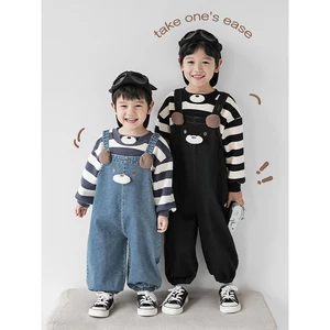 Boys' Bear Embroidered Three-Dimensional Ears Adjustable Leg Braces Autumn New Children's Denim Jeans Overall