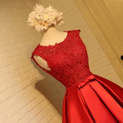 short red lace bridesmaid dresses Simple round neck lace short red prom dress, bridesmaid dress