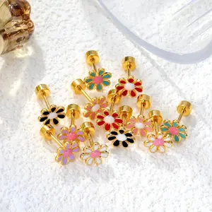 MW Cute Flower Geometric Screw Plug Stud Earrings Custom Hypoallergenic Stainless Steel Kid Jewelry Mini Flower Enamel Earrings