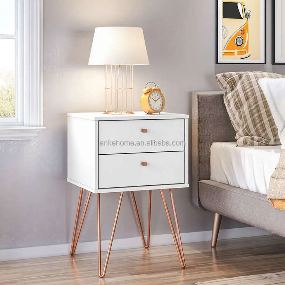 Cheap Midcentury Modern Night Stand With 2 Drawers Gold White End