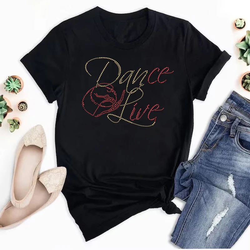 Custom Dance Live Designs Red Yellow Rhinestone Heat Transfer Applique Stickers for Shirt Bags Sports Bra Garments